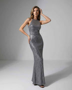 Orion Maxi Dress, silver sequin halter neck, elegant evening silhouette by Lauven.