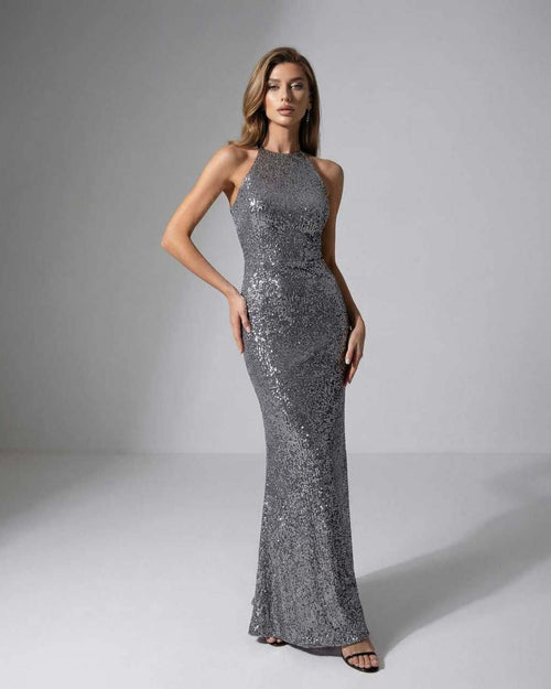 Orion Maxi Dress - Silver sequin halter neck with a sleek silhouette by Lauven, perfect for evening elegance.