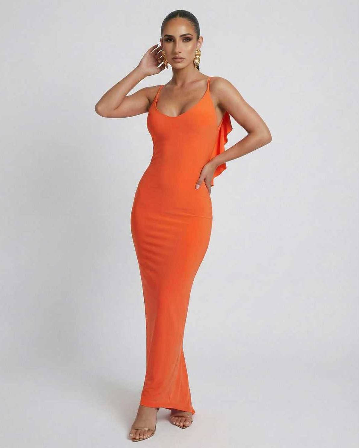 Orion Maxi Dress by Lauven, sleek orange sleeveless dress with bodycon silhouette, ideal for modern fashion-forward occasions.