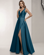 Orion Maxi Dress - Elegant satin teal A-Line with V-neck, bow detail, perfect for formal occasions by Lauven.