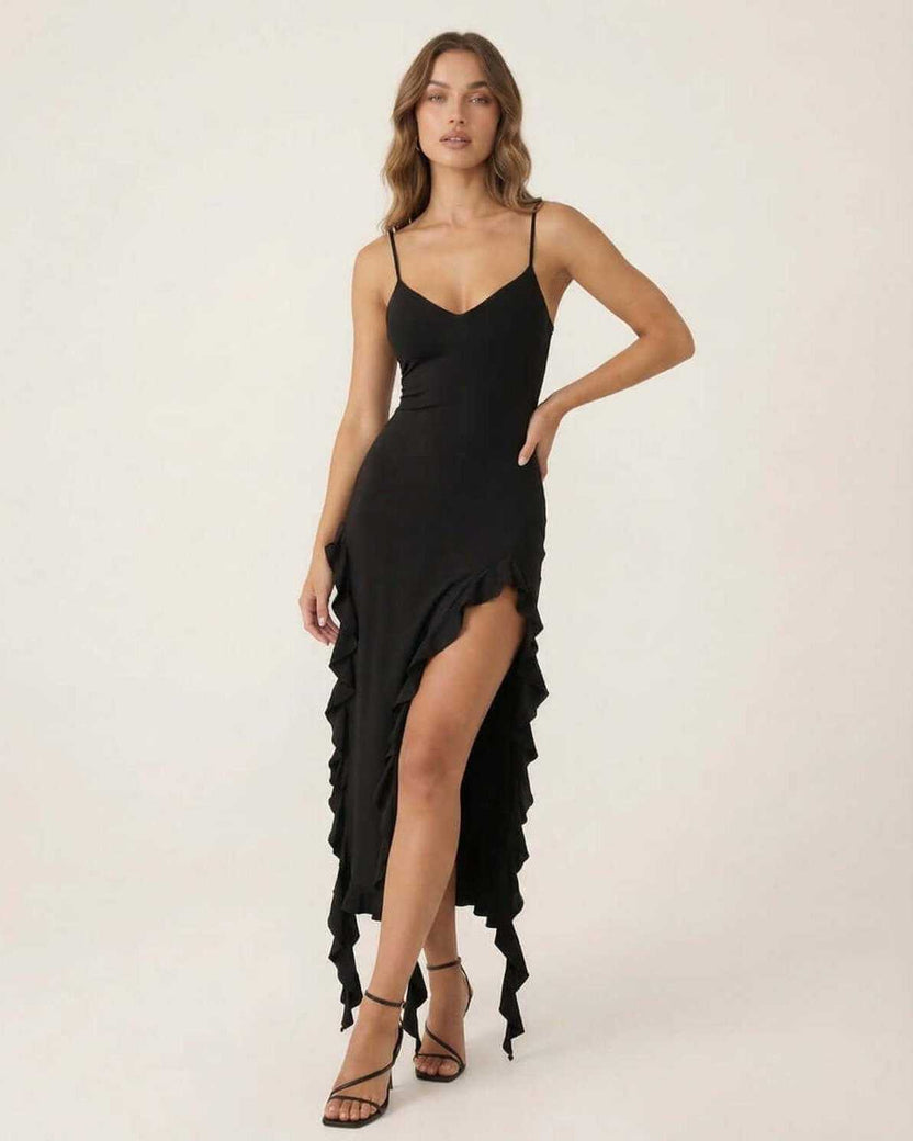 Orion Midi Dress by Lauven featuring elegant ruffle details in a sleek black design. Flattering slim fit for modern women.