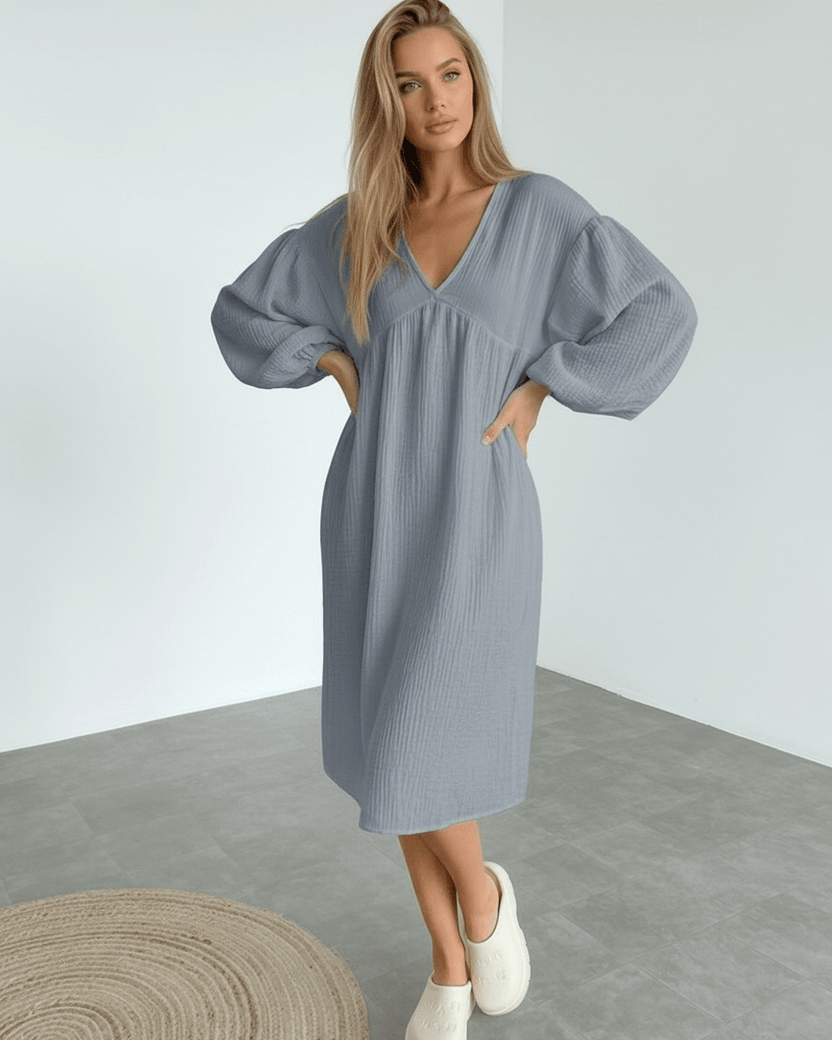 Orion Midi Dress in gray with puff sleeves, soft cotton fabric for all-day comfort by Lauven.