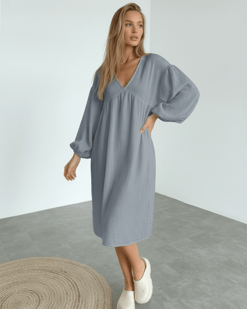 Orion Midi Dress in gray cotton with puff sleeves, featuring a v neck, by Lauven, offering modern minimalist comfort.