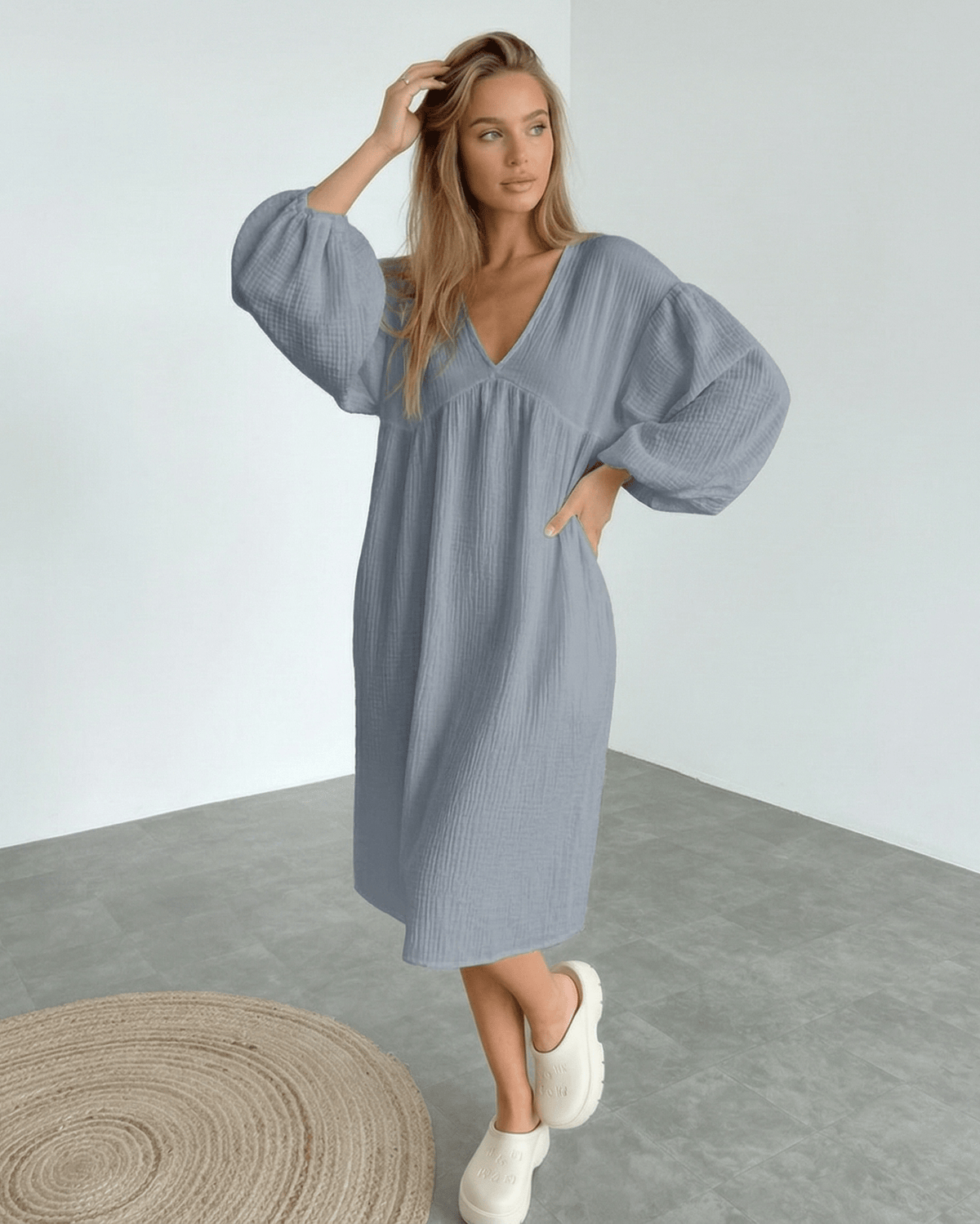 Orion Midi Dress in gray cotton with puff sleeves, modern design, and comfort by Lauven.