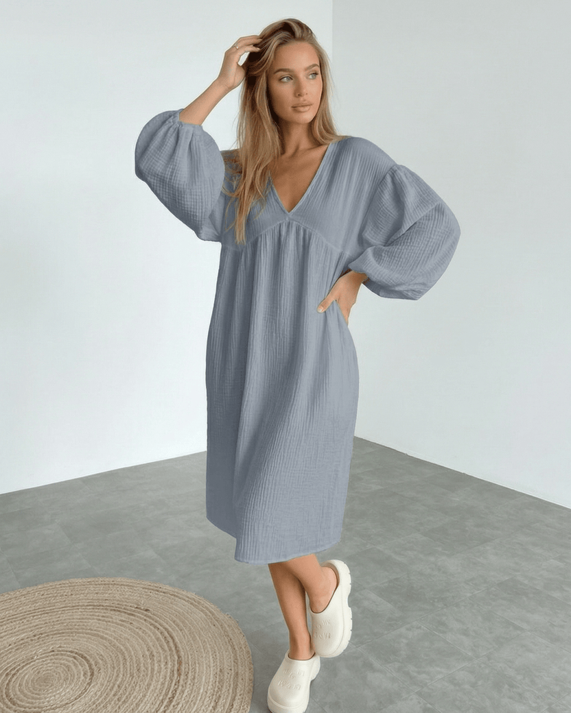 Orion Midi Dress in gray cotton with puff sleeves, modern design, and comfort by Lauven.