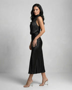 Orion Midi Dress showcasing satin halter neck elegance and refined sophistication by Lauven.