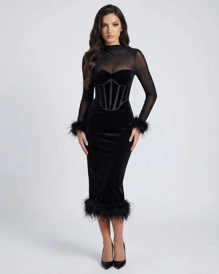 Lauven Orion Midi Dress features feather trim and sheer mesh detail, perfect for elevating evening style.