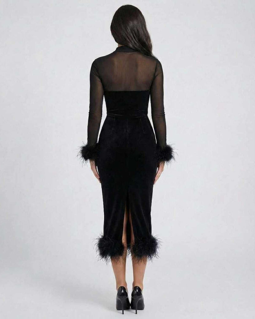 Orion Midi Dress by Lauven featuring feather trim and sheer mesh detail, showcasing back view on model.