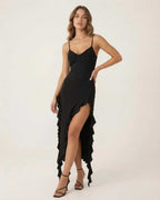 Orion Midi Dress by Lauven featuring elegant ruffle details and a flattering silhouette in black.