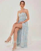 Orion Midi Dress by Lauven - Elegant strapless dress with a daring slit, perfect for summer occasions.
