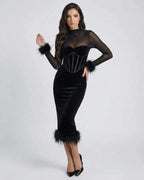 Orion Midi Dress by Lauven features feather trim and sheer mesh detail, perfect for modern evening elegance.