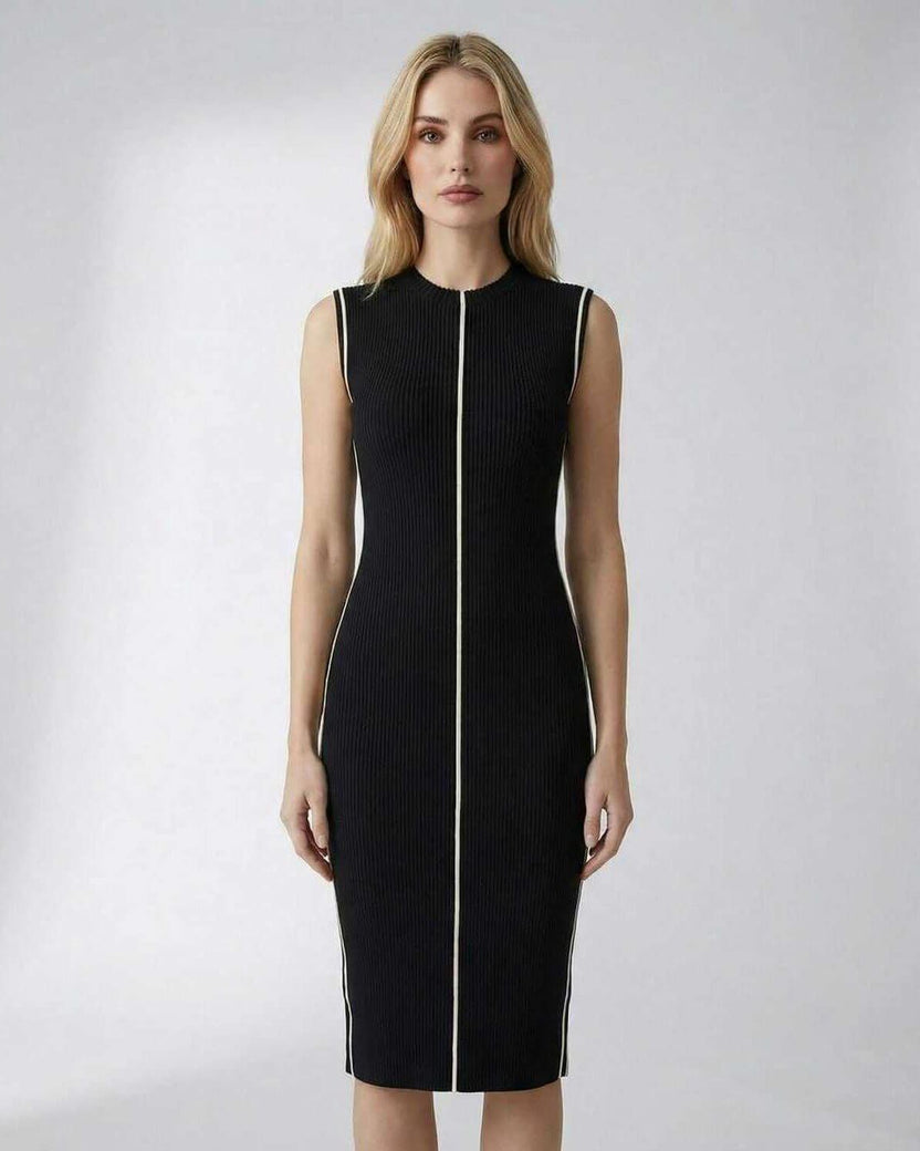 Orion Midi Dress by Lauven – Elegant sleeveless ribbed knit black dress for modern professionals.