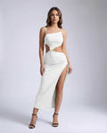Orion Midi Dress features sleek cut-out design, ruched detail, and bold side slit by Lauven for a chic evening look.