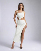 Orion Midi Dress with sleek hollow out design, ruched detail, and bold side slit by Lauven.