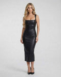 Orion Midi Dress by Lauven featuring a sleek leather design, square neckline, and tank-style straps, perfect for evening events.