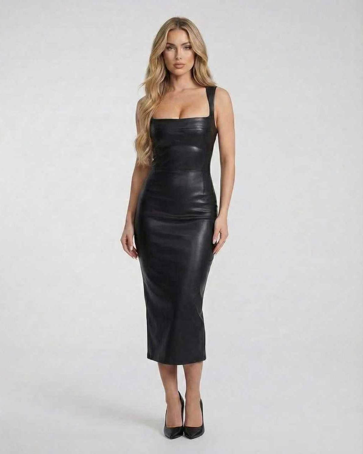 Orion Midi Dress by Lauven featuring a sleek leather design, square neckline, and tank-style straps, perfect for evening events.