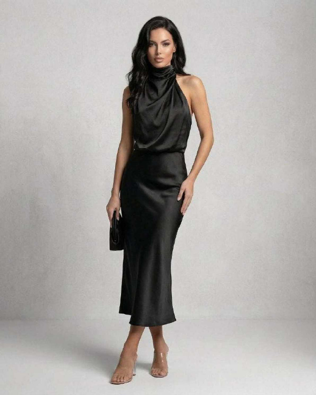 Orion Midi Dress - Satin halter neck elegance in a timeless black midi dress by Lauven, perfect for refined sophistication.