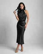 Orion Midi Dress - Satin Halter Neck Elegance in Black by Lauven, perfect for refined sophistication and modern allure.