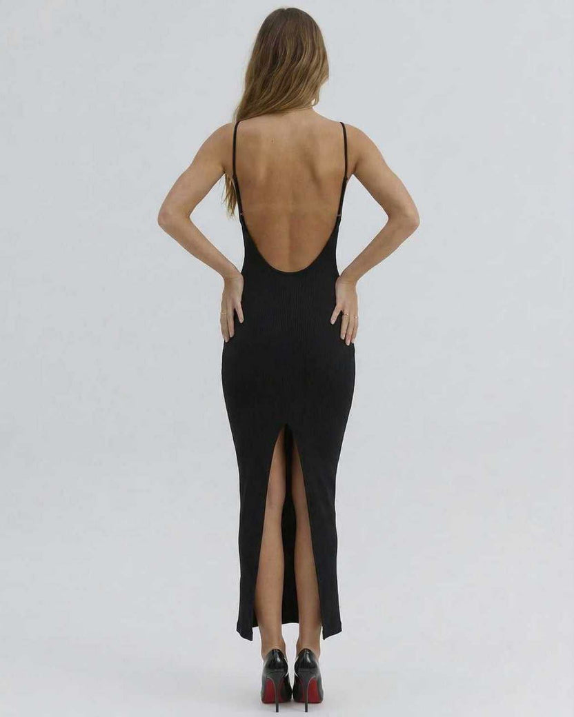 Back view of Lauven's Orion Midi Dress, a sexy, cut-out V-neck dress showcasing a slim-fit silhouette.
