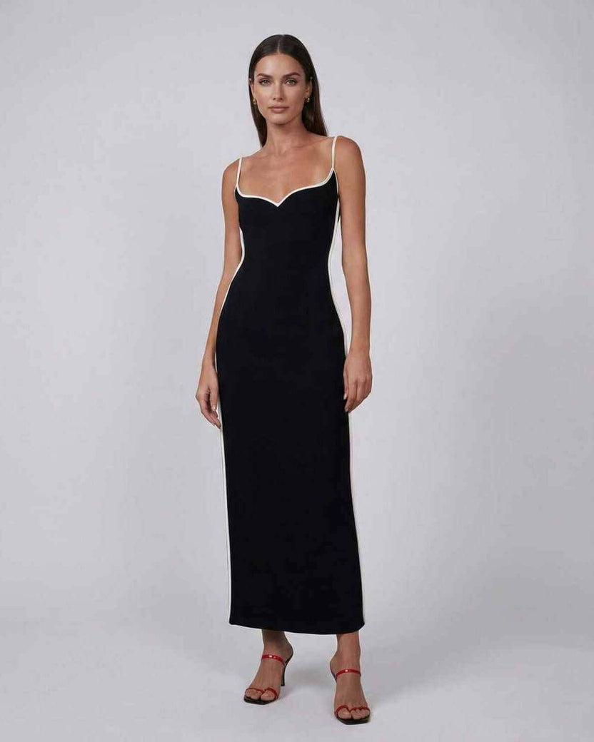 Orion Midi Dress by Lauven, sleek black slim fit dress with contrast piping, perfect for elegant occasions.