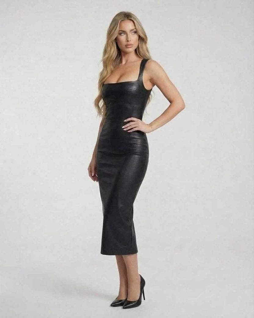 Orion Midi Dress by Lauven showcasing sleek leather elegance with a slim-fit silhouette and square neckline.