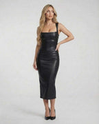 Orion Midi Dress by Lauven, sleek leather elegance featuring a square neckline and slim fit, perfect for upscale events.