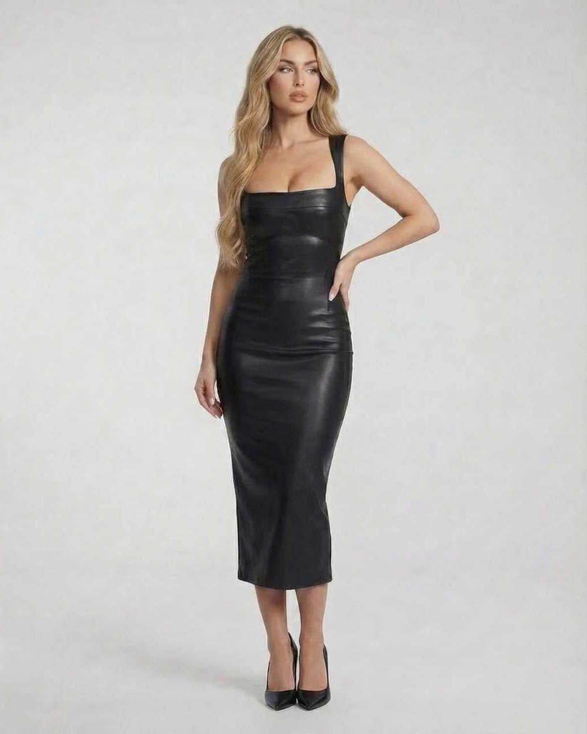 Orion Midi Dress by Lauven, sleek leather elegance featuring a square neckline and slim fit, perfect for upscale events.