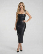 Orion Midi Dress by Lauven, showcasing sleek leather elegance and a captivating silhouette for upscale events.