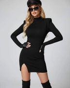 Orion Mini Dress by Lauven - Sleek black high-neck bodycon dress with structured shoulder pads and side slit.