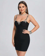 Orion Mini Dress by Lauven - stylish black mini dress featuring crystal straps and a sleek sheath silhouette.