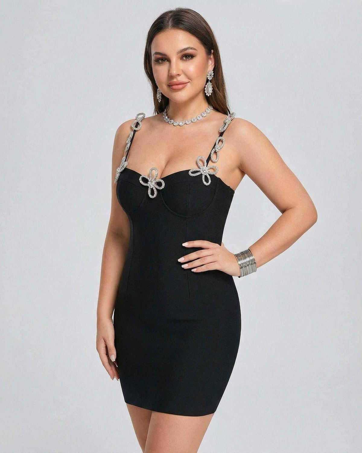 Orion Mini Dress by Lauven - stylish black mini dress featuring crystal straps and a sleek sheath silhouette.