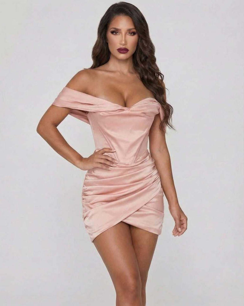 Lauven Orion Mini Dress in elegant blush satin, featuring an off-shoulder neckline and body-skimming silhouette.