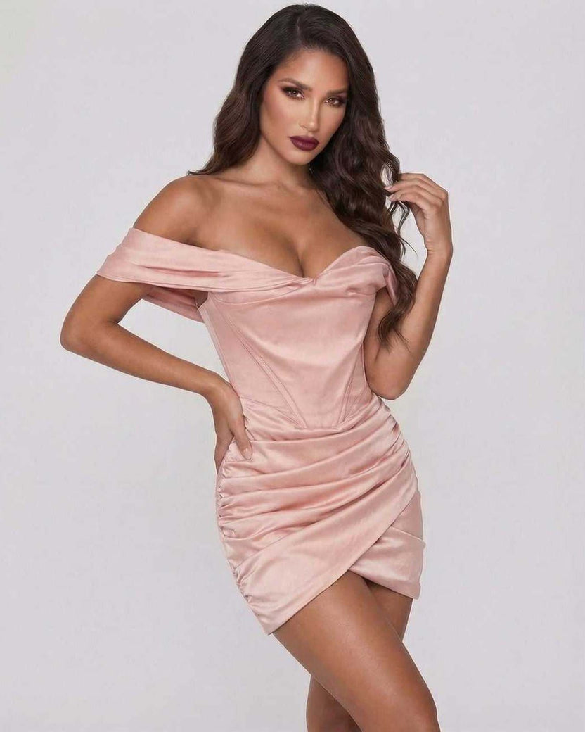 Lauven Orion Mini Dress showcasing an elegant blush satin off-shoulder silhouette and draped fold design.