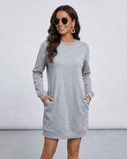 Orion Mini Dress by Lauven, a casual grey sweatshirt dress with pockets for effortless style.