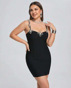 Orion Mini Dress by Lauven, featuring a crystal strap design and sleek sheath silhouette in black.