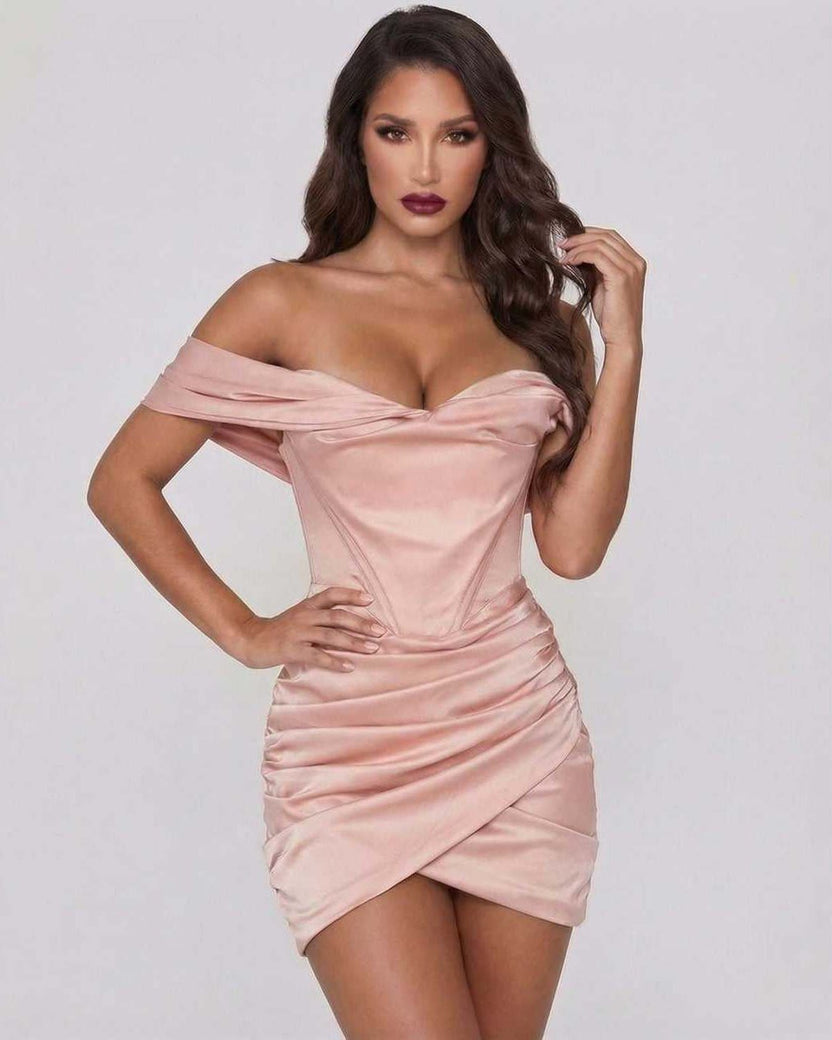 Lauven Orion Mini Dress in elegant blush satin, featuring off-shoulder neckline and body-skimming silhouette.