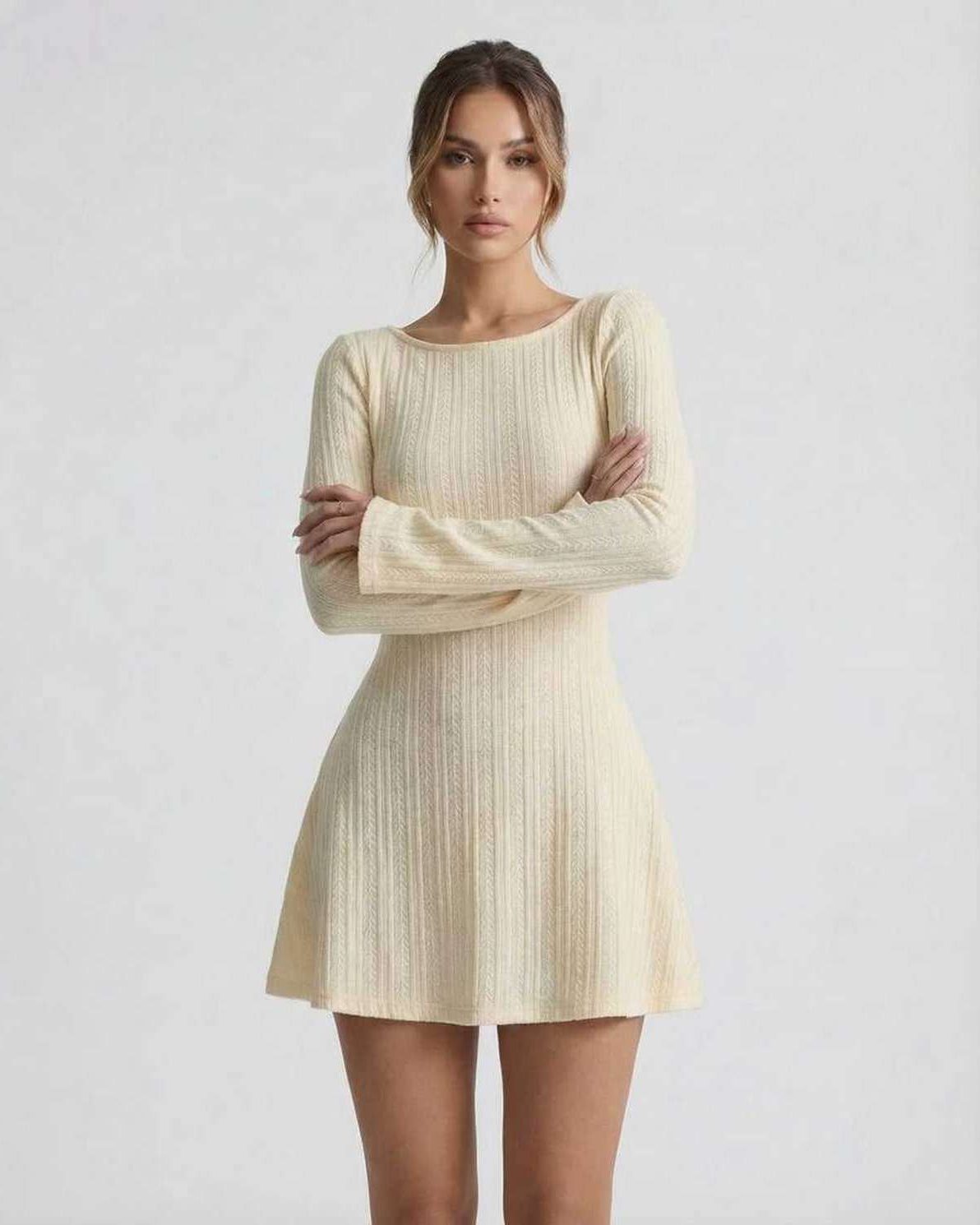Orion Mini Dress by Lauven, elegant cable knit, long sleeve, soft cream tone, cozy and sophisticated dress.