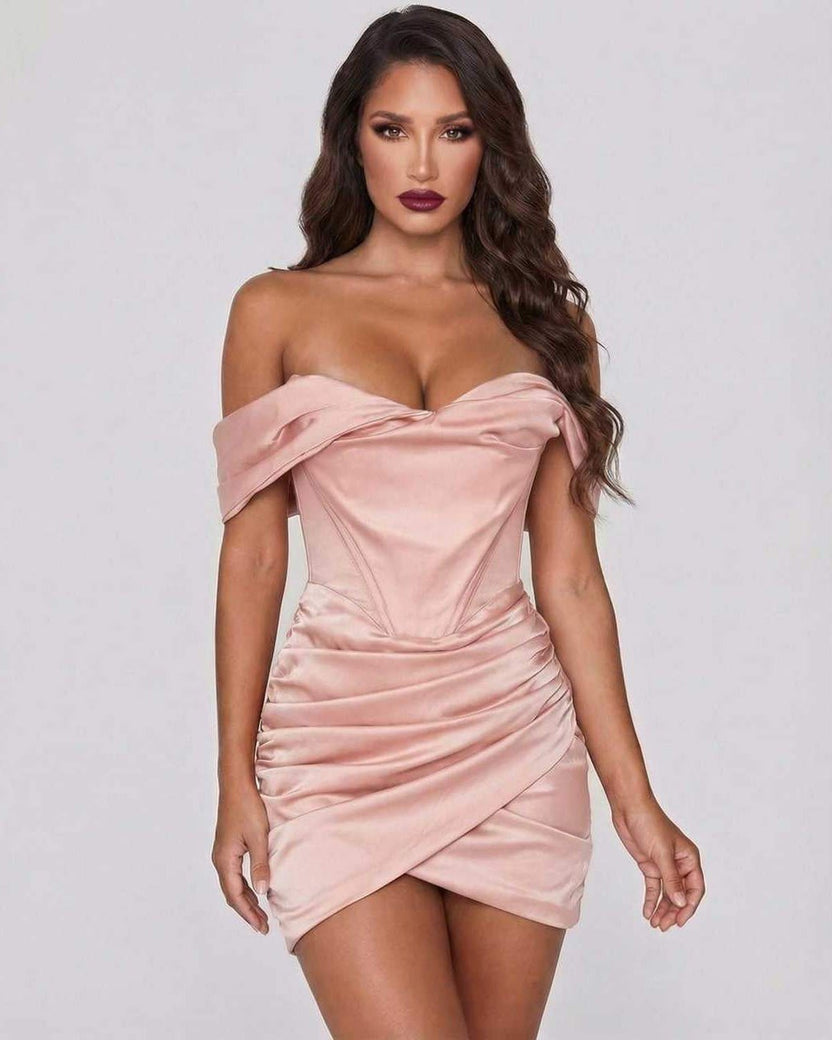 Lauven Orion Mini Dress, elegant blush satin off-shoulder silhouette with body-skimming design and soft sheen.
