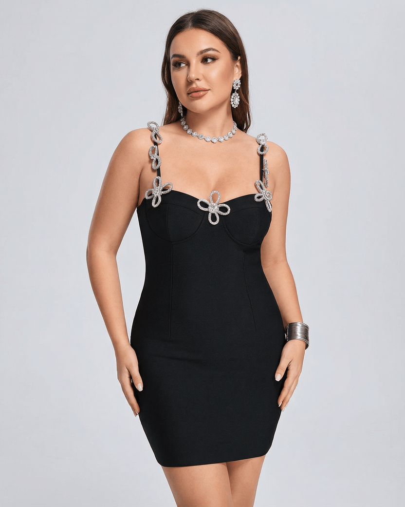 Orion Mini Dress by Lauven – Elegant black crystal strap mini dress with flattering sheath silhouette.