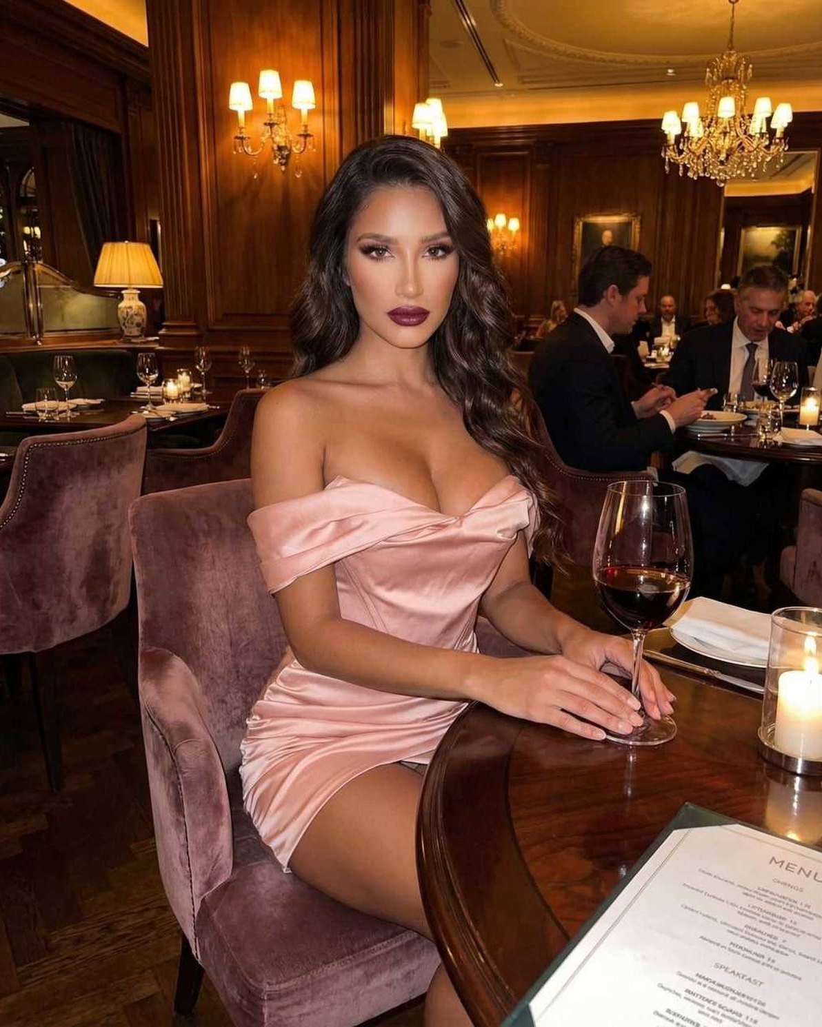 Lauven Orion Mini Dress in elegant blush satin with off-shoulder design and smooth finish, worn at a fine dining setting.