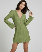 Orion Mini Dress by Lauven - Elegant olive green pleated long sleeve dress with deep V-neckline.