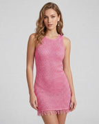 Orion Mini Dress by Lauven, pink sleeveless sheath with subtle shine and fringe detail, perfect for spring and summer.