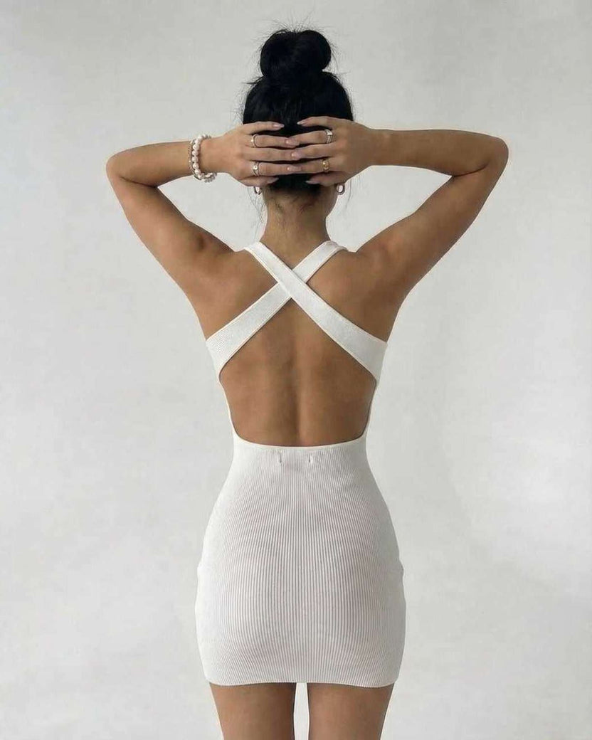 Orion Mini Dress by Lauven - Ribbed Knit White Dress with Cross Back Detail, close-fitting silhouette.