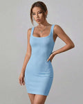 Orion Mini Dress by Lauven in soft blue ribbed fabric, featuring a sleek silhouette and square neckline.