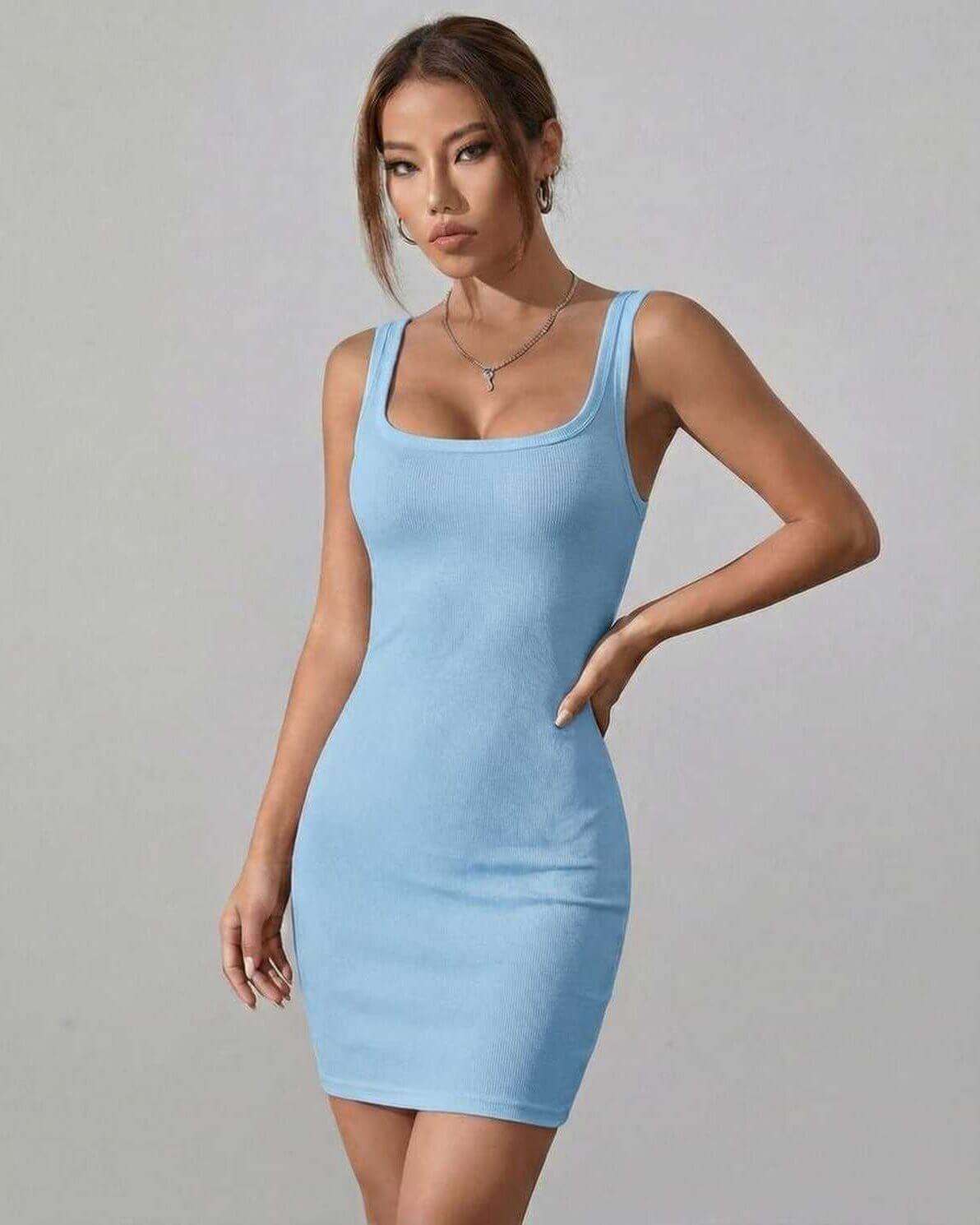 Orion Mini Dress by Lauven in soft blue ribbed fabric, featuring a sleek silhouette and square neckline.