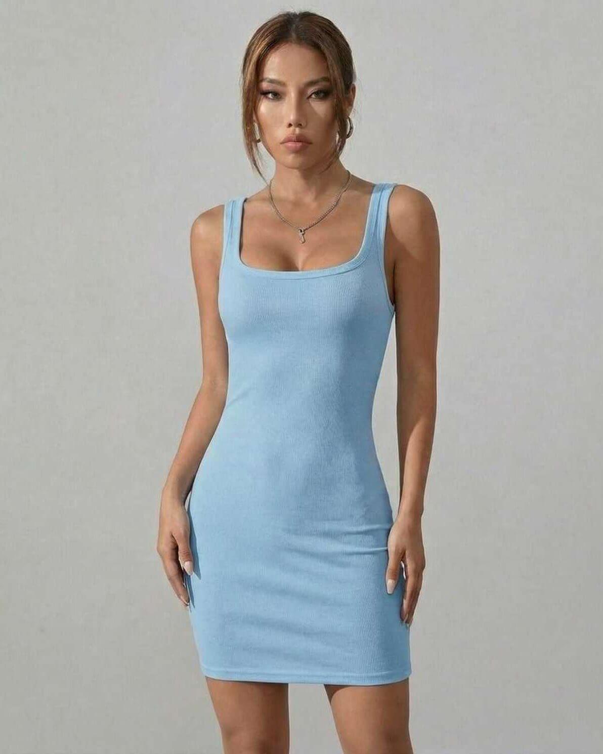Orion Mini Dress by Lauven in soft blue ribbed fabric featuring a sleek silhouette and square neckline.