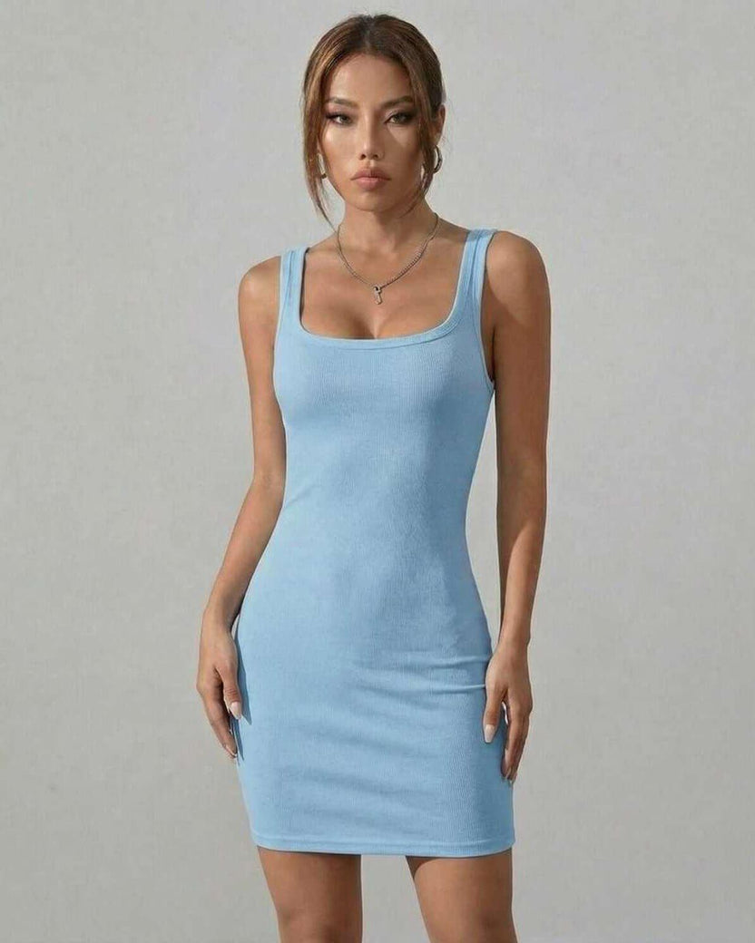 Orion Mini Dress by Lauven in soft blue ribbed fabric featuring a sleek silhouette and square neckline.