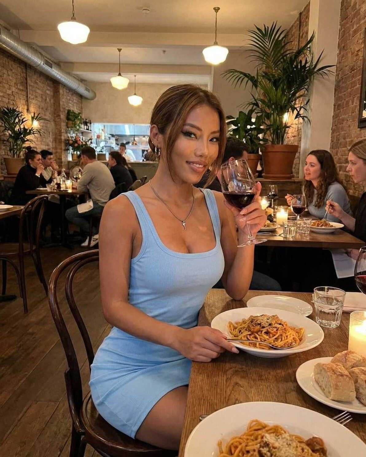 Woman wearing the Orion Mini Dress by Lauven, enjoying dinner with a glass of wine in a cozy restaurant setting.
