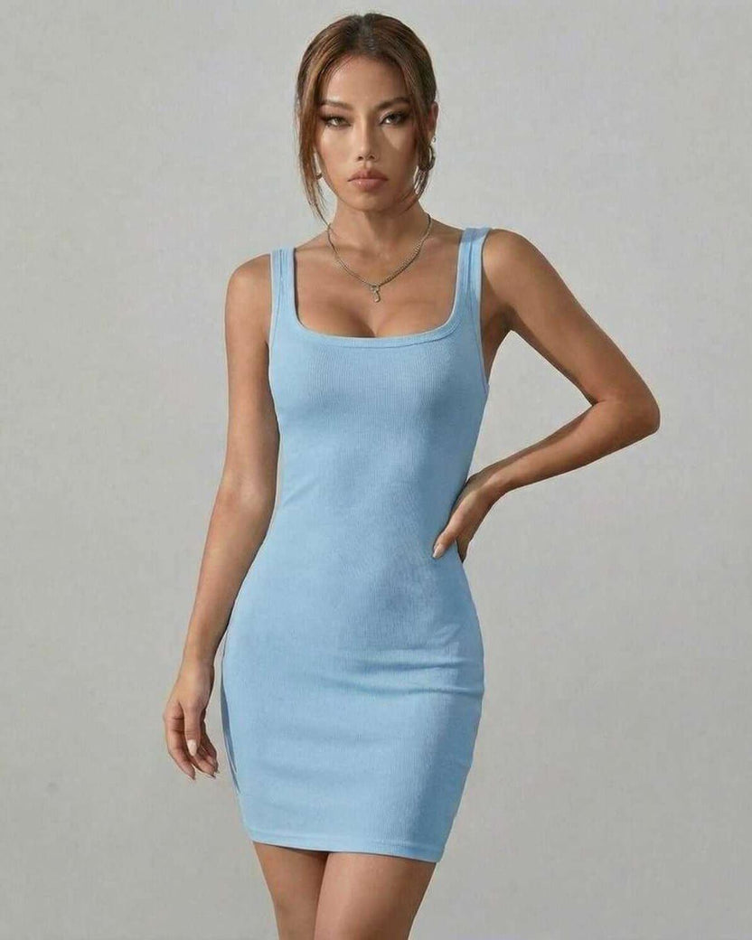 Orion Mini Dress by Lauven in soft blue ribbed fabric, showcasing a modern body-skimming silhouette.