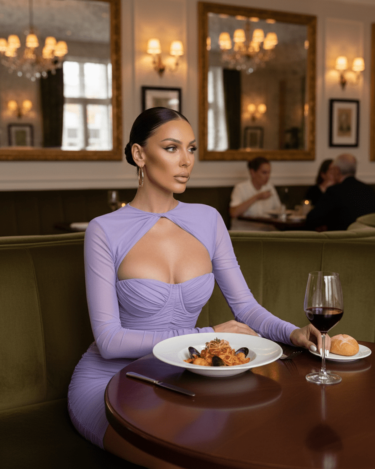 Orion Mini Dress from Lauven in soft lavender worn by a woman at a restaurant table with pasta and wine.